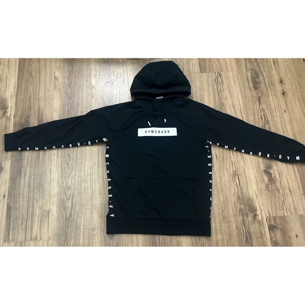 Gymshark Hoodie Mens Medium Black Tape Logo Spellout Sleeves Athletic Gym - Picture 2 of 11